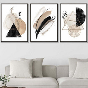 Set of 3 Abstract Black Beige Watercolour Shapes Wall Art Prints / 50x70cm / Black Frame