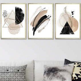 Set of 3 Abstract Black Beige Watercolour Shapes Wall Art Prints / 50x70cm / Gold Frame