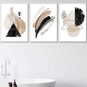 Set of 3 Abstract Black Beige Watercolour Shapes Wall Art Prints / 50x70cm / White Frame
