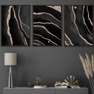 Set of 3 Abstract Black Grey Gold Strokes Wall Art Prints / 30x42cm (A3) / Black Frame