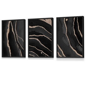 Set of 3 Abstract Black Grey Gold Strokes Wall Art Prints / 30x42cm (A3) / Black Frame