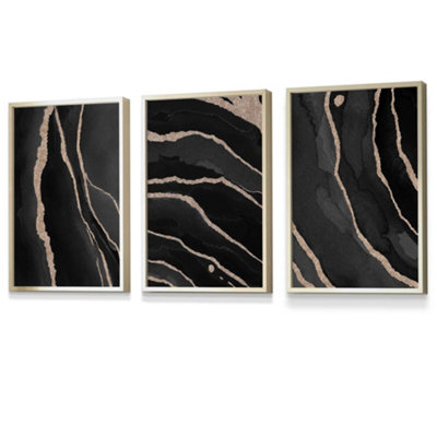 Set of 3 Abstract Black Grey Gold Strokes Wall Art Prints / 30x42cm (A3 ...