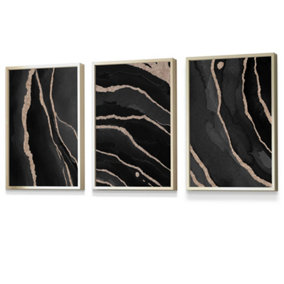 Set of 3 Abstract Black Grey Gold Strokes Wall Art Prints / 30x42cm (A3) / Gold Frame