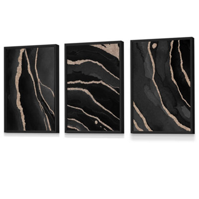 Set of 3 Abstract Black Grey Gold Strokes Wall Art Prints / 42x59cm (A2 ...