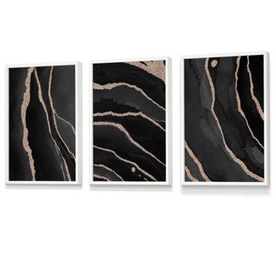Set of 3 Abstract Black Grey Gold Strokes Wall Art Prints / 42x59cm (A2 ...