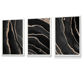 Set of 3 Abstract Black Grey Gold Strokes Wall Art Prints / 42x59cm (A2) / White Frame