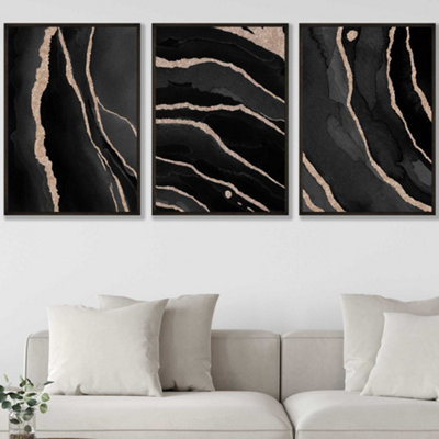 Set of 3 Abstract Black Grey Gold Strokes Wall Art Prints / 50x70cm ...