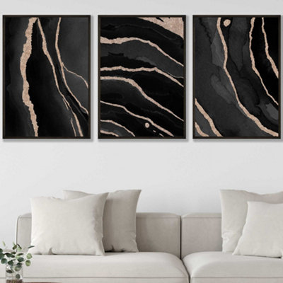 Set of 3 Abstract Black Grey Gold Strokes Wall Art Prints / 50x70cm / Black Frame