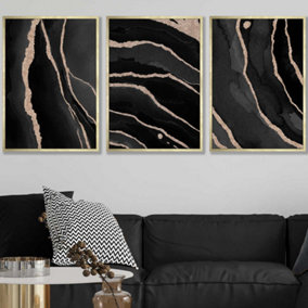 Set of 3 Abstract Black Grey Gold Strokes Wall Art Prints / 50x70cm / Gold Frame