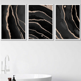 Set of 3 Abstract Black Grey Gold Strokes Wall Art Prints / 50x70cm / White Frame