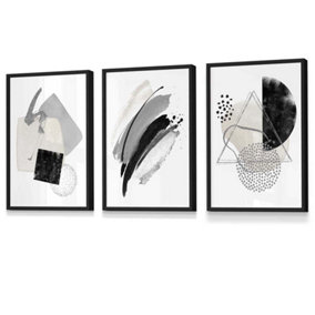 Set of 3 Abstract Black Grey Ivory Watercolour Shapes Wall Art Prints / 30x42cm (A3) / Black Frame