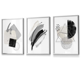 Set of 3 Abstract Black Grey Ivory Watercolour Shapes Wall Art Prints / 30x42cm (A3) / Silver Frame