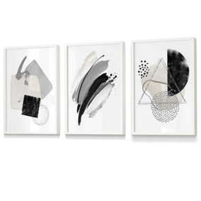 Set of 3 Abstract Black Grey Ivory Watercolour Shapes Wall Art Prints / 30x42cm (A3) / White Frame
