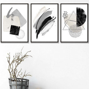 Set of 3 Abstract Black Grey Ivory Watercolour Shapes Wall Art Prints / 42x59cm (A2) / Black Frame