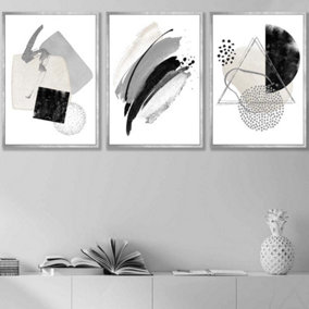 Set of 3 Abstract Black Grey Ivory Watercolour Shapes Wall Art Prints / 42x59cm (A2) / Silver Frame