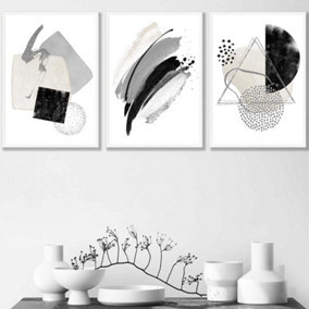 Set of 3 Abstract Black Grey Ivory Watercolour Shapes Wall Art Prints / 42x59cm (A2) / White Frame