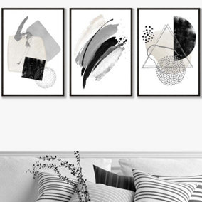 Set of 3 Abstract Black Grey Ivory Watercolour Shapes Wall Art Prints / 50x70cm / Black Frame