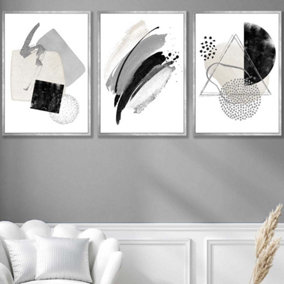 Set of 3 Abstract Black Grey Ivory Watercolour Shapes Wall Art Prints / 50x70cm / Silver Frame