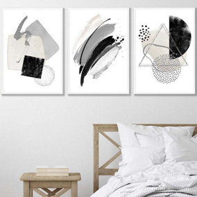 Set of 3 Abstract Black Grey Ivory Watercolour Shapes Wall Art Prints / 50x70cm / White Frame