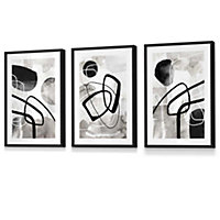 Set of 3 Abstract Black Grey Watercolour Shapes Wall Art Prints / 30x42cm (A3) / Black Frame
