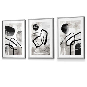Set of 3 Abstract Black Grey Watercolour Shapes Wall Art Prints / 30x42cm (A3) / Light Grey Frame