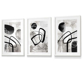 Set of 3 Abstract Black Grey Watercolour Shapes Wall Art Prints / 30x42cm (A3) / White Frame