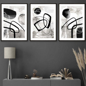 Set of 3 Abstract Black Grey Watercolour Shapes Wall Art Prints / 42x59cm (A2) / Black Frame