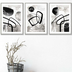 Set of 3 Abstract Black Grey Watercolour Shapes Wall Art Prints / 42x59cm (A2) / Light Grey Frame