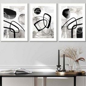 Set of 3 Abstract Black Grey Watercolour Shapes Wall Art Prints / 42x59cm (A2) / White Frame