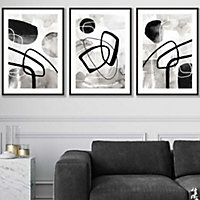 Set of 3 Abstract Black Grey Watercolour Shapes Wall Art Prints / 50x70cm / Black Frame