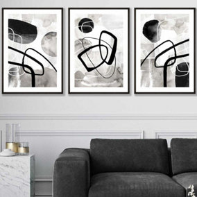 Set of 3 Abstract Black Grey Watercolour Shapes Wall Art Prints / 50x70cm / Black Frame