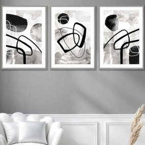 Set of 3 Abstract Black Grey Watercolour Shapes Wall Art Prints / 50x70cm / Light Grey Frame