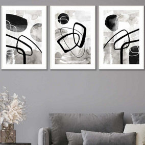 Set of 3 Abstract Black Grey Watercolour Shapes Wall Art Prints / 50x70cm / White Frame