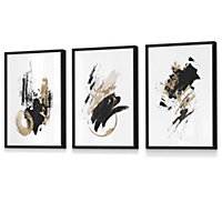 Set of 3  Abstract Black Ivory and Gold Oil Strokes Wall Art Prints / 30x42cm (A3) / Black Frame