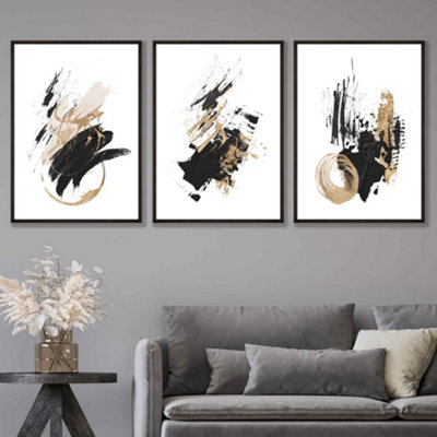 Set of 3 Abstract Black Ivory and Gold Oil Strokes Wall Art Prints ...