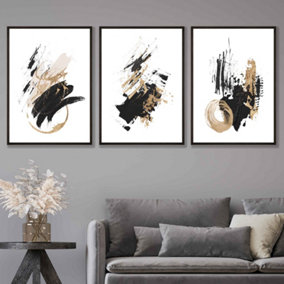 Set of 3  Abstract Black Ivory and Gold Oil Strokes Wall Art Prints / 30x42cm (A3) / Black Frame