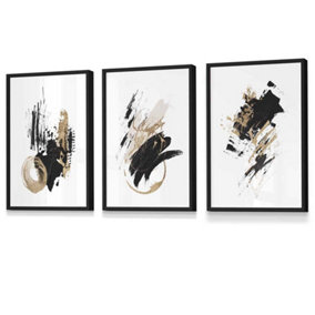 Set of 3  Abstract Black Ivory and Gold Oil Strokes Wall Art Prints / 30x42cm (A3) / Black Frame