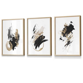 Set of 3  Abstract Black Ivory and Gold Oil Strokes Wall Art Prints / 30x42cm (A3) / Oak Frame