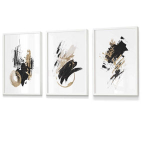 Set of 3  Abstract Black Ivory and Gold Oil Strokes Wall Art Prints / 30x42cm (A3) / White Frame