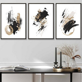 Set of 3  Abstract Black Ivory and Gold Oil Strokes Wall Art Prints / 42x59cm (A2) / Black Frame