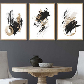 Set of 3  Abstract Black Ivory and Gold Oil Strokes Wall Art Prints / 42x59cm (A2) / Oak Frame