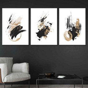 Set of 3  Abstract Black Ivory and Gold Oil Strokes Wall Art Prints / 42x59cm (A2) / White Frame