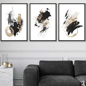 Set of 3  Abstract Black Ivory and Gold Oil Strokes Wall Art Prints / 50x70cm / Black Frame