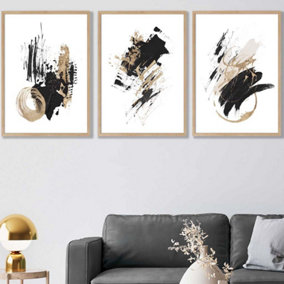 Set of 3  Abstract Black Ivory and Gold Oil Strokes Wall Art Prints / 50x70cm / Oak Frame