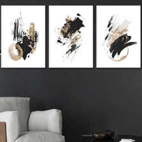 Set of 3  Abstract Black Ivory and Gold Oil Strokes Wall Art Prints / 50x70cm / White Frame