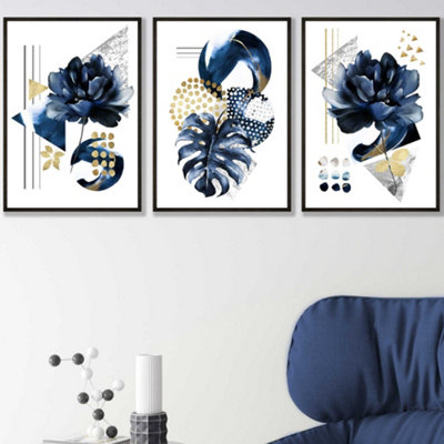 Set of 3 Abstract Blue and Gold Botanical Wall Art Prints / 30x42cm (A3) / Black Frame