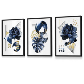 Set of 3 Abstract Blue and Gold Botanical Wall Art Prints / 30x42cm (A3) / Black Frame