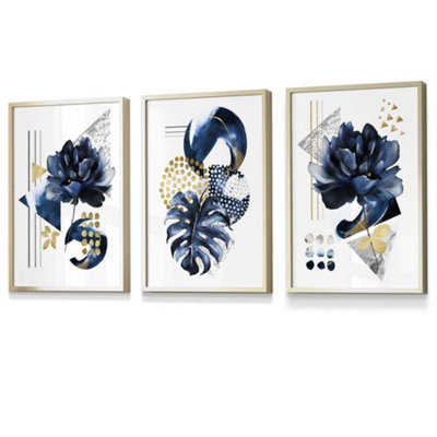 Set of 3 Abstract Blue and Gold Botanical Wall Art Prints / 30x42cm (A3 ...
