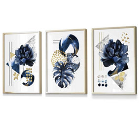 Set of 3 Abstract Blue and Gold Botanical Wall Art Prints / 30x42cm (A3) / Gold Frame