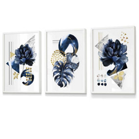 Set of 3 Abstract Blue and Gold Botanical Wall Art Prints / 30x42cm (A3) / White Frame